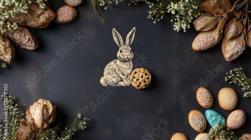 delightful Easter brunch table with bunny illustration and cookies, surrounded by flowers and colorful treats