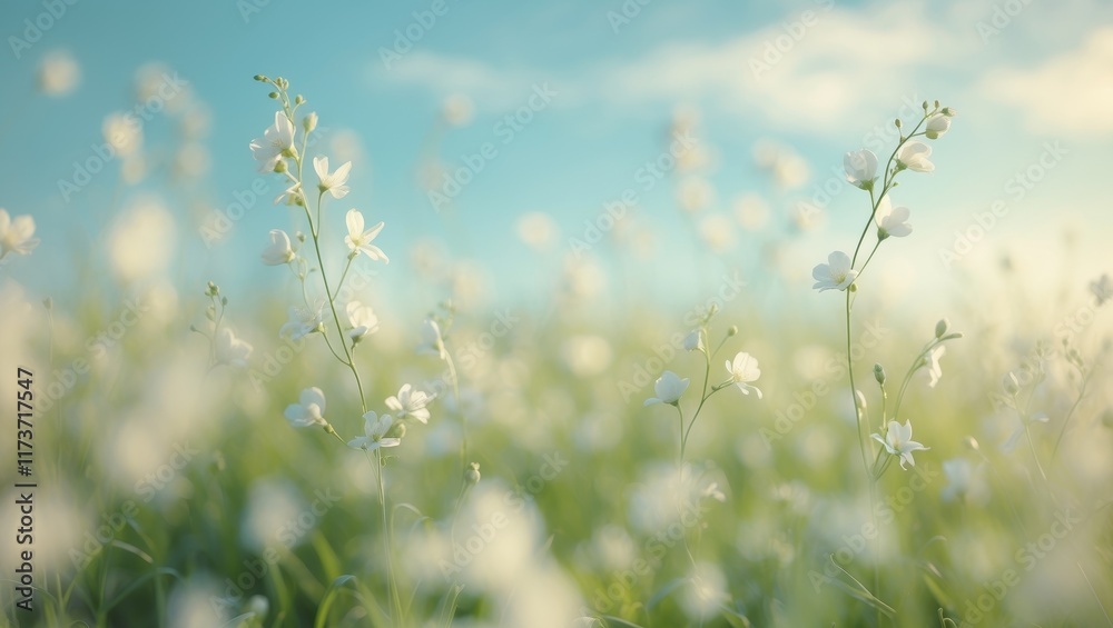 Fototapeta premium Soft Light Dreamy White Flowers in a Field