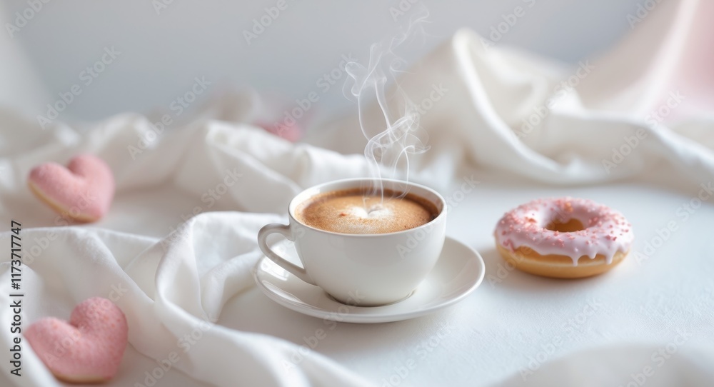 Valentines Day message with a cup of coffee and a donut - flat lay Valentines Day message with a cup of coffee and a donut - flat lay