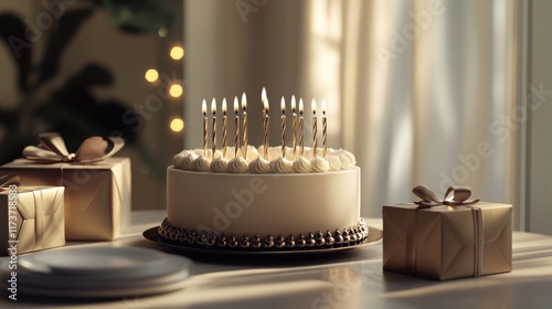 Elegant birthday scene, stylish cake with candles, luxury gift boxes, and a sophisticated greeting card photo