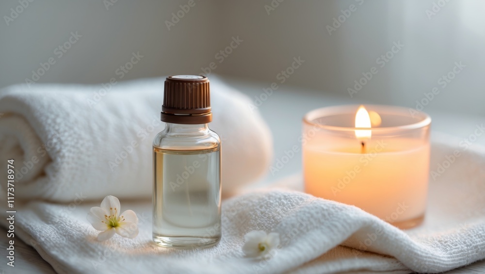 A bottle of essential oil is on a white towel next to a candle A bottle of essential oil is on a white towel next to a candle