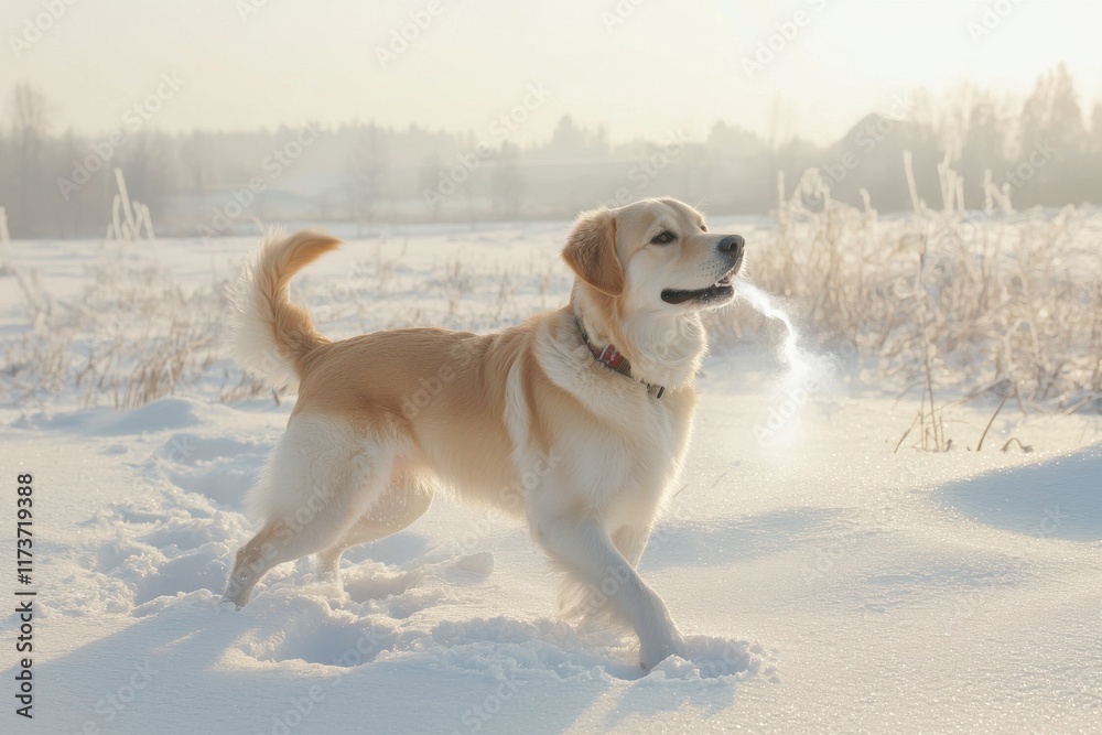 Dog playing fetch in a snowy field with visible breath winter wonderland action shot Dog playing fetch in a snowy field with visible breath winter wonderland action shot