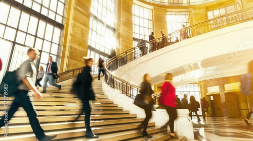 A busy city street with people walking up and down the stairs photo