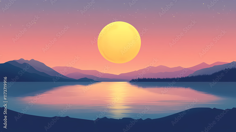 Fototapeta premium Full moon above lake. Moonrise. Illustration