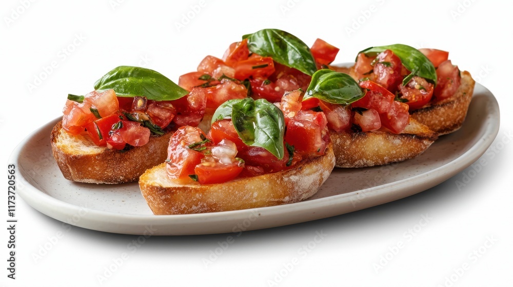 A plate of four small breads with tomato and basil on top A plate of four small breads with tomato and basil on top