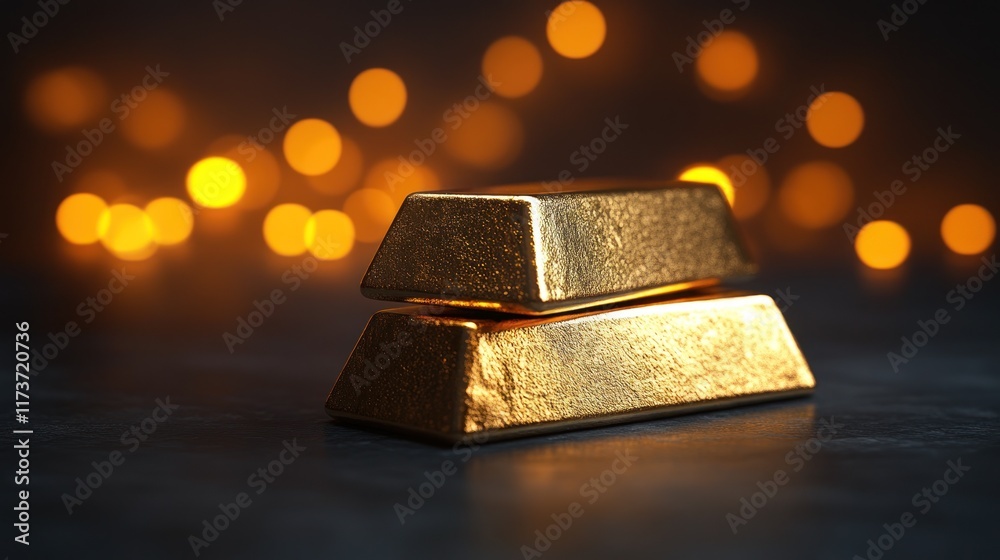Two gold bars on dark surface with bokeh lights. Two gold bars on dark surface with bokeh lights.