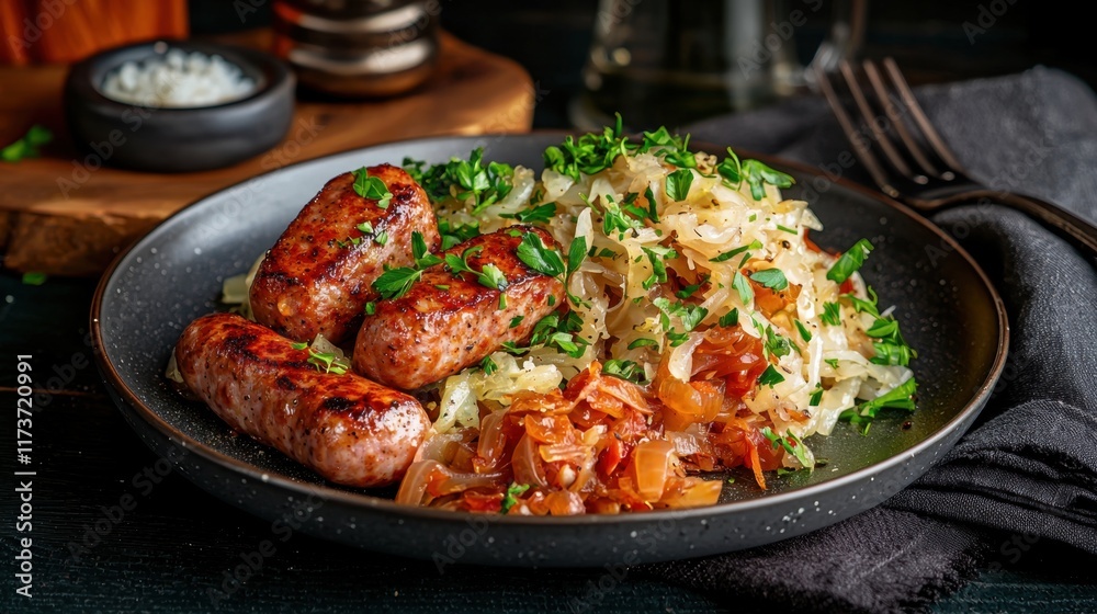 A plate of meat and vegetables with a fork and knife on a table A plate of meat and vegetables with a fork and knife on a table