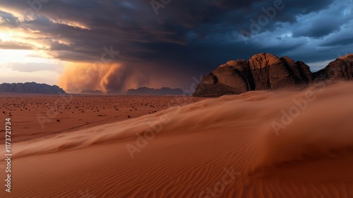 A desert landscape with a storm in the distance