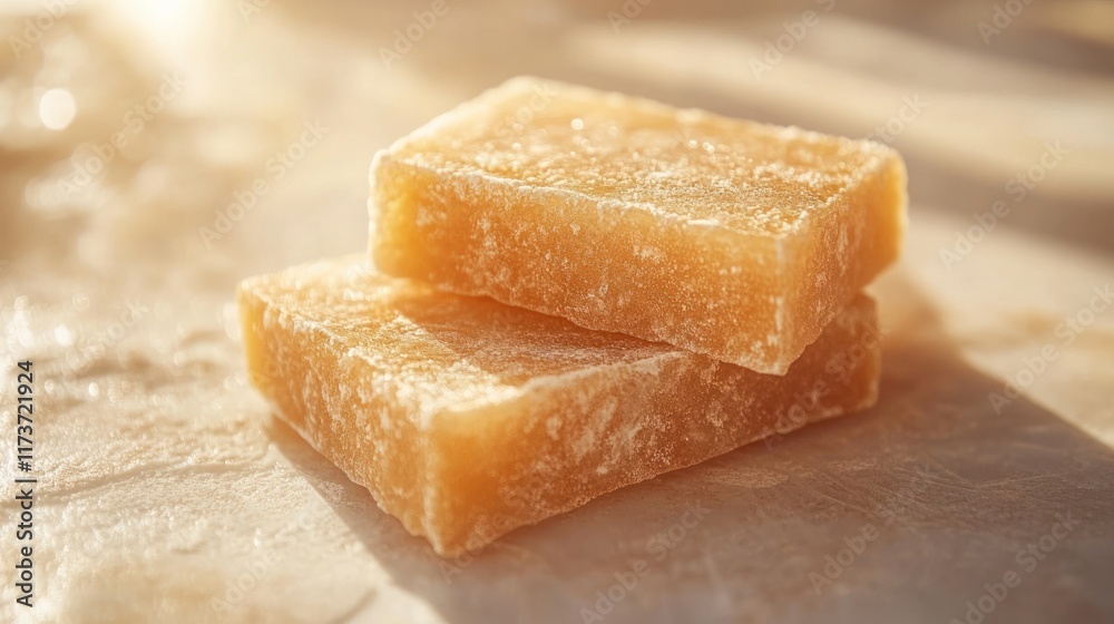 Two translucent amber soap bars on a light surface. Two translucent amber soap bars on a light surface.