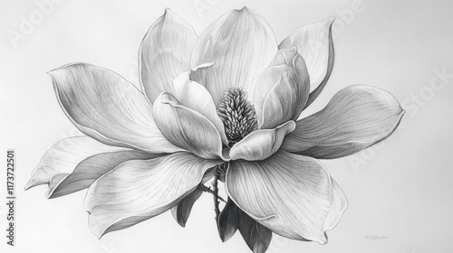 Magnolia blossom pencil drawing on white background, artistic floral illustration