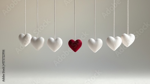 A string of hearts with one red heart and four white hearts photo