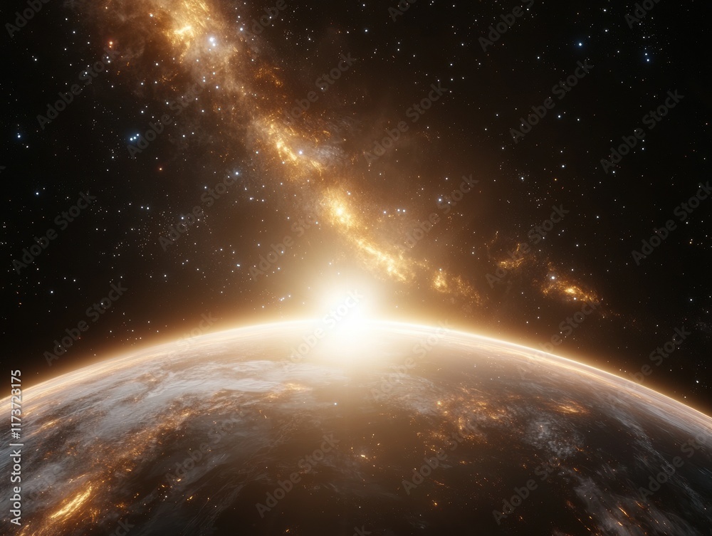 Obraz premium Stunning celestial sunrise over earth digital abstract background space theme cosmic environment wide-angle view for inspiration