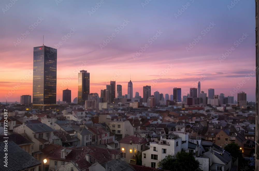 Fototapeta premium シティ, 地平線, 摩天楼, アーバン, ビル, ビル, 建築, ダウンタウン, 夕焼け, 都市景観, 空, 景色, 