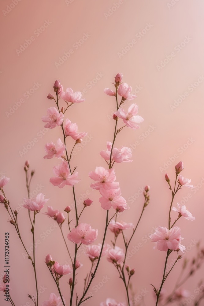 Blossoming pink flowers create a delicate border on a soft pink background Blossoming pink flowers create a delicate border on a soft pink background