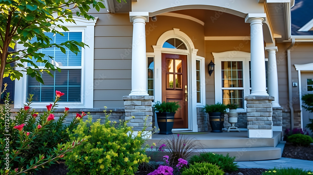 A house's front entrance features a brown door, white columns, stonework, and landscaping with flowers and shrubs. The house's exterior is light beige siding. The porch is spacious and inviting. A house's front entrance features a brown door, white columns, stonework, and landscaping with flowers and shrubs. The house's exterior is light beige siding. The porch is spacious and inviting.
