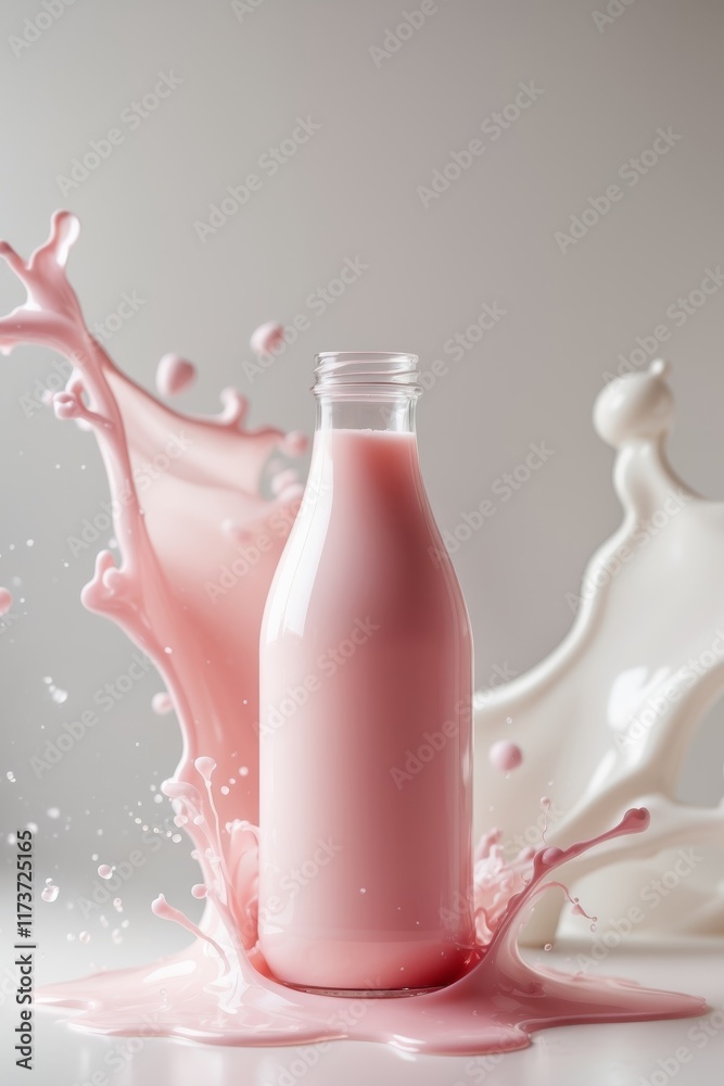 Pink Strawberry Milk Bottle with Splash Background Pink Strawberry Milk Bottle with Splash Background