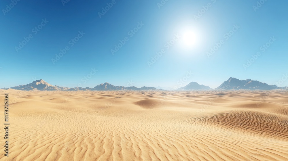 Vast, sun-drenched desert landscape with distant mountains under a clear blue sky. Vast, sun-drenched desert landscape with distant mountains under a clear blue sky.