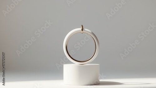 Elegant White Decor with Ring on Cylindrical Stand and Soft Background photo