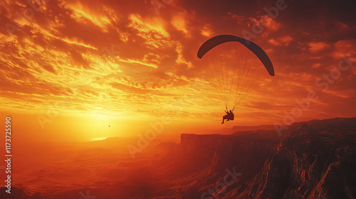 Silhouette of paraglider in mid-flight against vibrant sunset sky with panoramic cliffs and fields below..