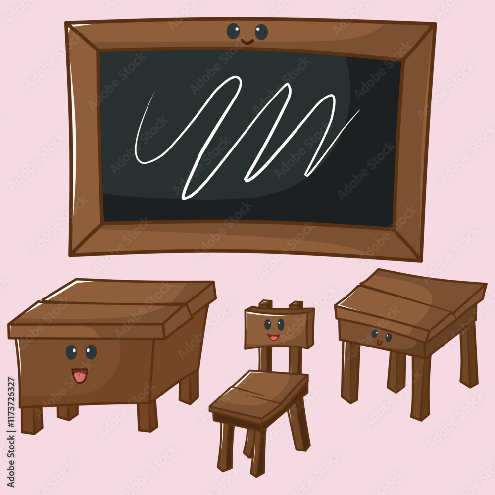 Classroom object vector illustration. Wooden table, chair and blackboard. Classroom object vector illustration. Wooden table, chair and blackboard.