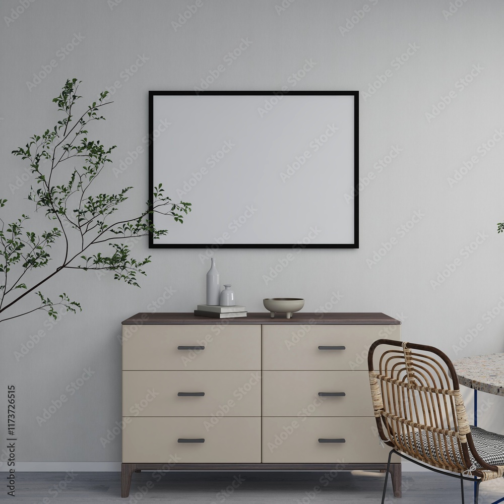 Fototapeta premium Horizontal frame mockup on a white wall, sideboard with table decorations and ornamental plant. 3D rendering, interior design, 3D illustration