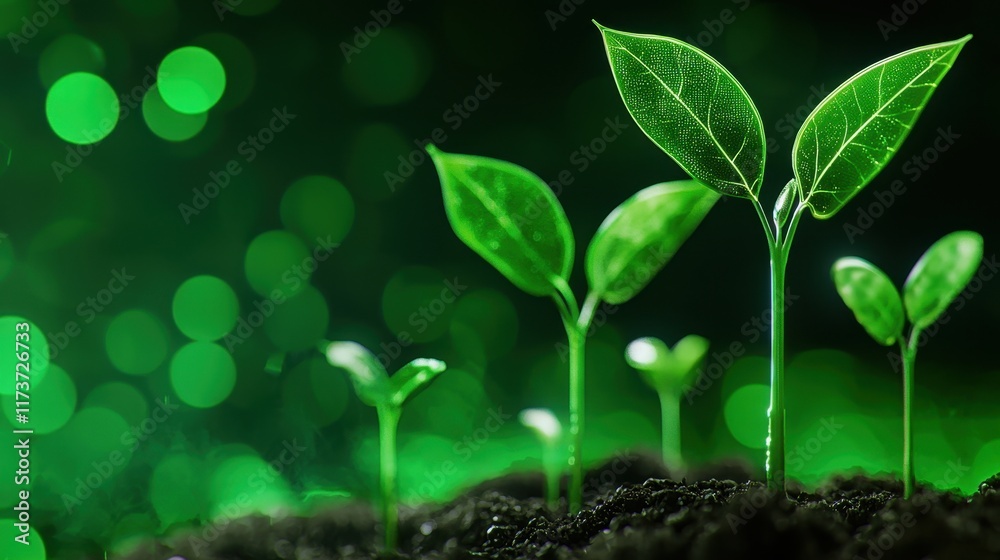 Naklejka premium Close-up of vibrant green seedlings emerging from rich soil against a soft bokeh background.