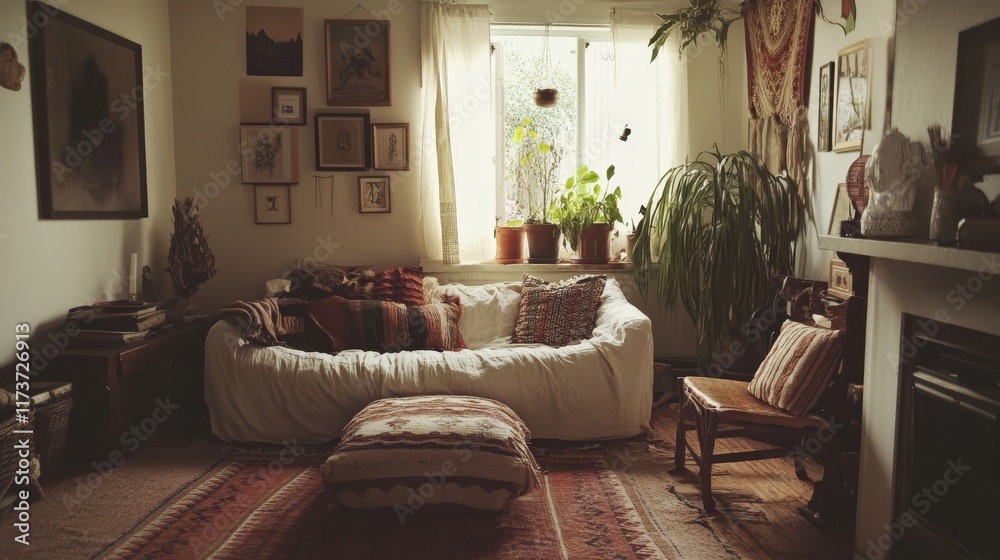 Fototapeta premium Cozy Living Room Interior Design - Warm, inviting space, natural light, bohemian decor, comfortable seating, houseplants.