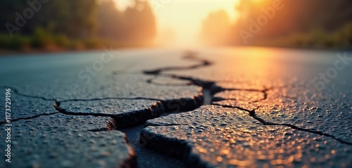 Damaged road shows effects of earthquake. Cracks, ruptures visible on asphalt. Smoke rises in background. Sunset light highlights destruction. Nature impact on infrastructure evident. Urban landscape