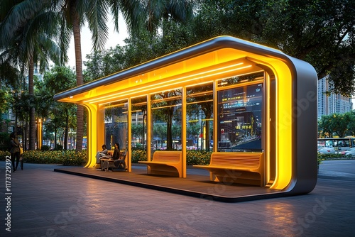 Modern illuminated bus stop shelter glowing at dusk in a cityscape