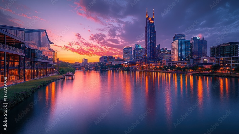 Fototapeta premium Vibrant sunset over city skyline reflected in calm water.
