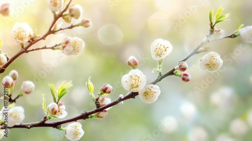 spring renewal, droplets form as frost thaws on branches, while delicate buds under it blossom with vibrant life and hues