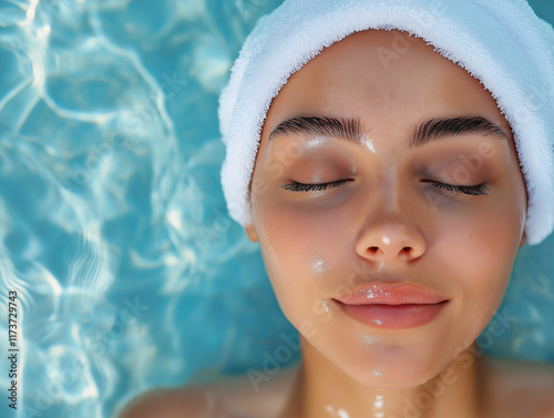 Relaxed woman with glowing skin floating in clear blue water