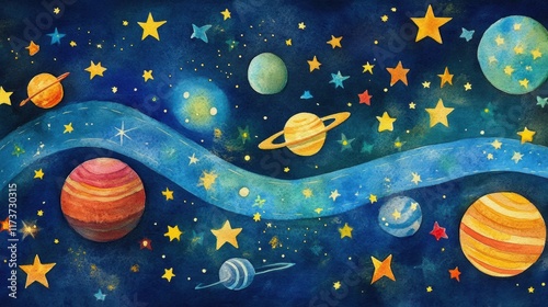 Exploring cosmic wonders planets and stars in vibrant watercolor art