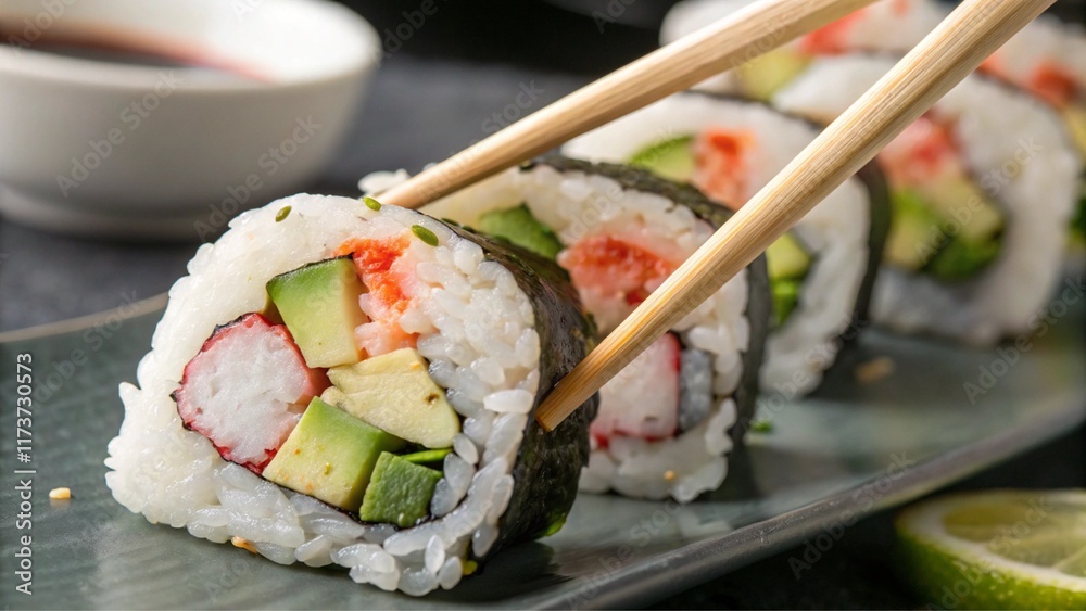 Taking Japanese Sushi Roll with Bamboo Chopsticks Taking Japanese Sushi Roll with Bamboo Chopsticks