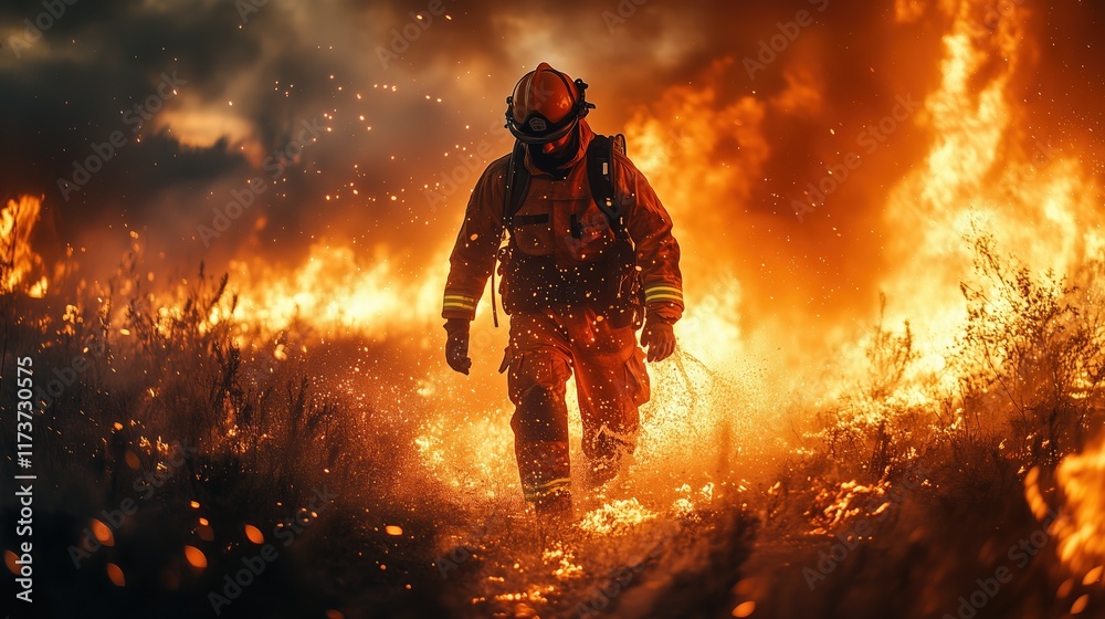 firefighter, fire behind him, heroic mode, forest fire firefighter, fire behind him, heroic mode, forest fire