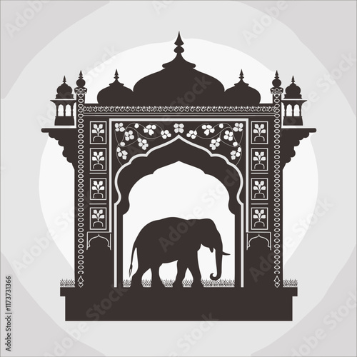 Elephant Silhouette Under Ornate Mughal Archway