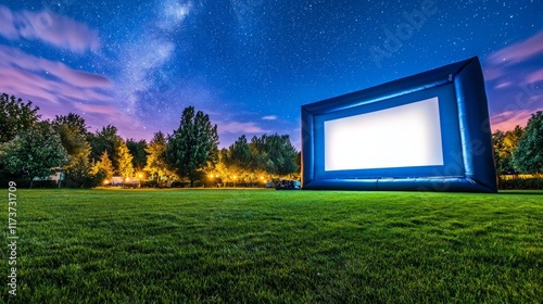 Large Inflatable Movie Screen Set Up in Open Field Under Starry Night Sky with Lush Green Grass and Vibrant Trees in Background photo