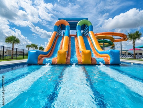 Massive Inflatable Water Slide Stretching Across Pool with Bright Colors and a Beautiful Sky Background, Perfect for Summer Fun and Entertainment