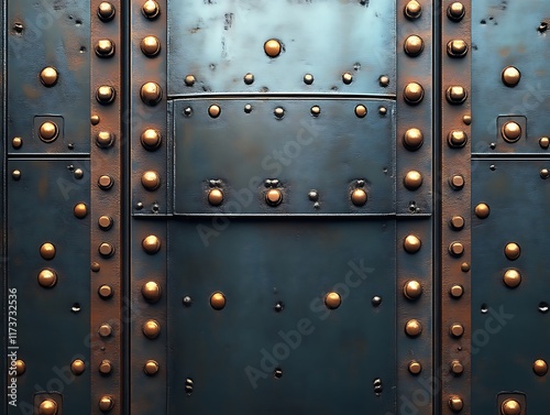 Dark teal metal texture with copper rivets. photo