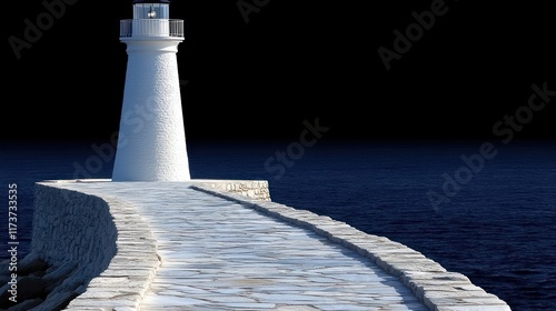 White lighthouse on a stone jetty at night. photo