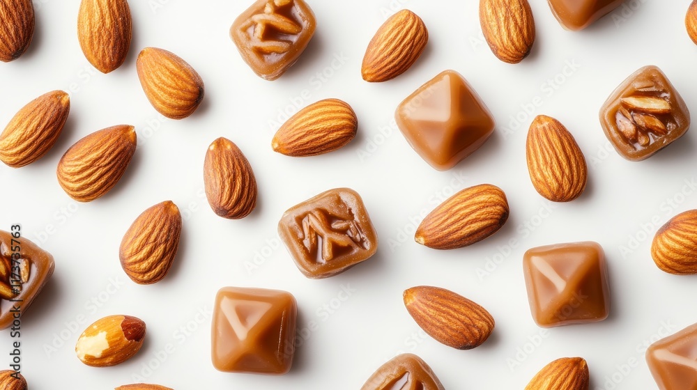 Caramel candy and almonds nut on white backgrounds. Sweet food ingredient Caramel candy and almonds nut on white backgrounds. Sweet food ingredient
