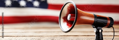 megaphone, american flag background for first amendment constitutional right to freedom of speech photo