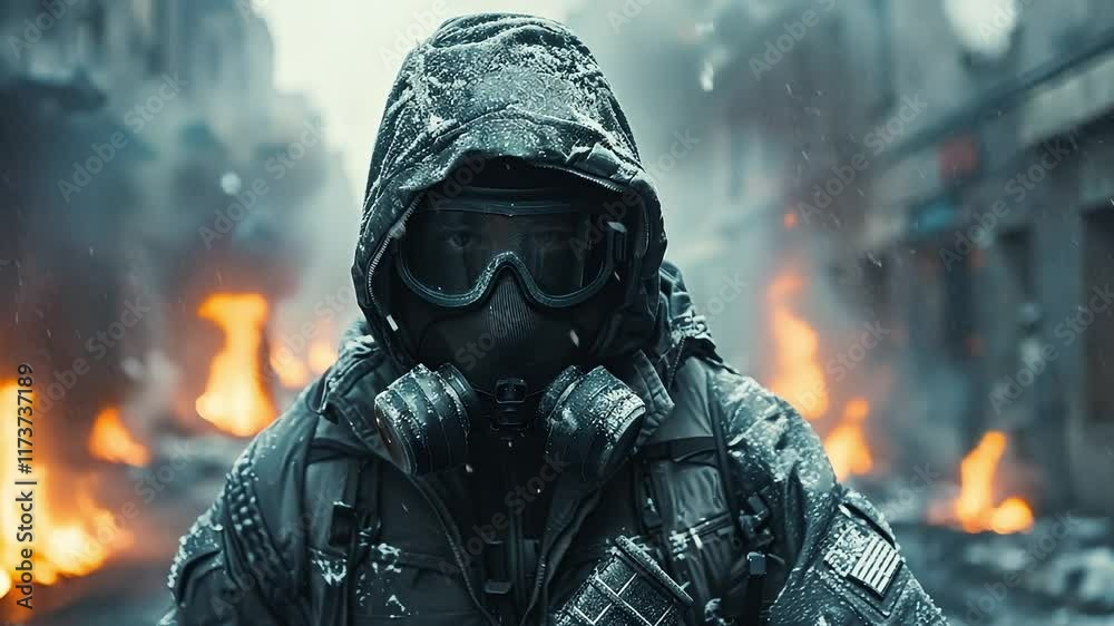 Man in a gas mask stands in front of a burning building. The scene is dark and ominous, with the man's face obscured by the mask. Concept of danger and destruction Man in a gas mask stands in front of a burning building. The scene is dark and ominous, with the man's face obscured by the mask. Concept of danger and destruction