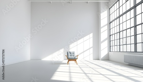 Minimalist interior  sunlit white room  large windows  wooden chair  bright natural light  shadows on floor  empty space  industrial loft  clean aesthetic