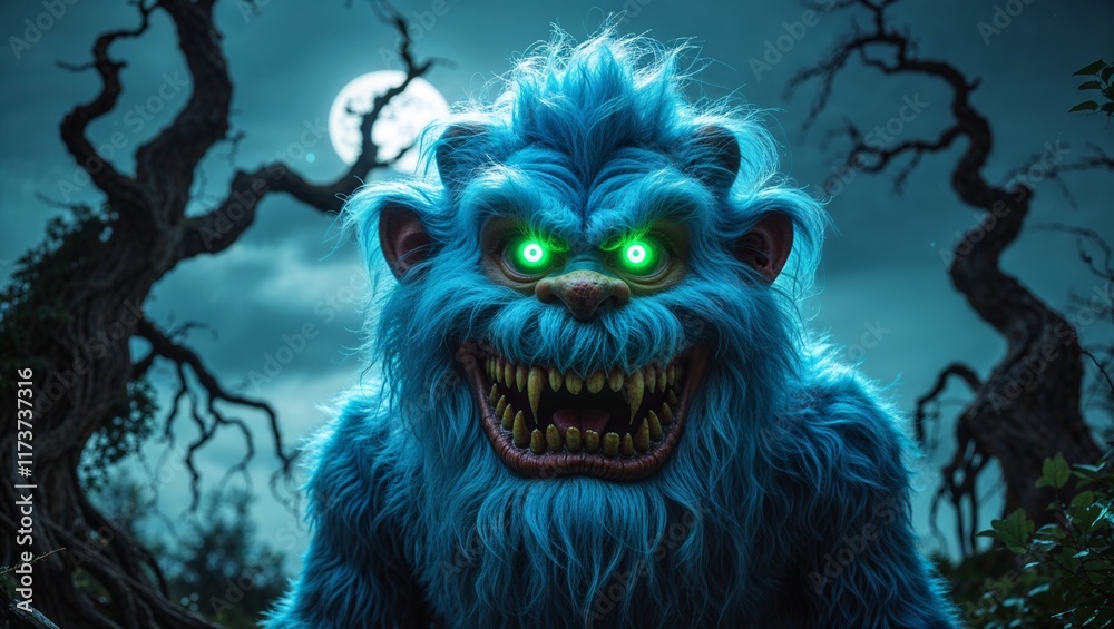 Obraz premium Alien like Monster in a Nightmare Forest Green Glowing Eyes