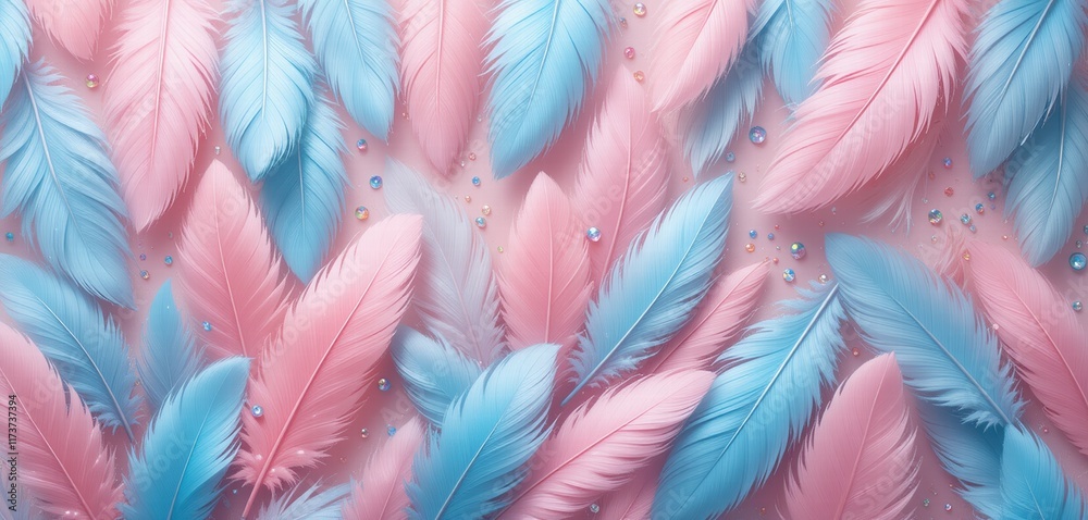 Fototapeta premium A vibrant pink and blue backdrop featuring elegant feathers, evoking a sense of tranquility and creativity.