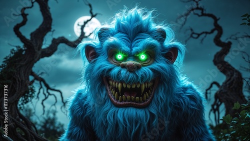 Alien like Monster in a Nightmare Forest Green Glowing Eyes photo
