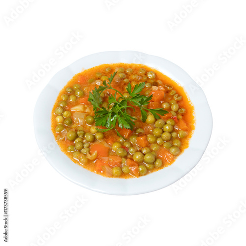 Healthy green pea stew with carrots, onions, and tomato-based sauce, garnished with fresh parsley, served on a white plate. A comforting and nutritious vegetarian dish. photo