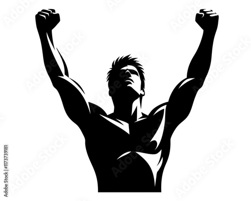 Silhouette of Man with Hands Raised in Victory . Clipart image isolated on white background