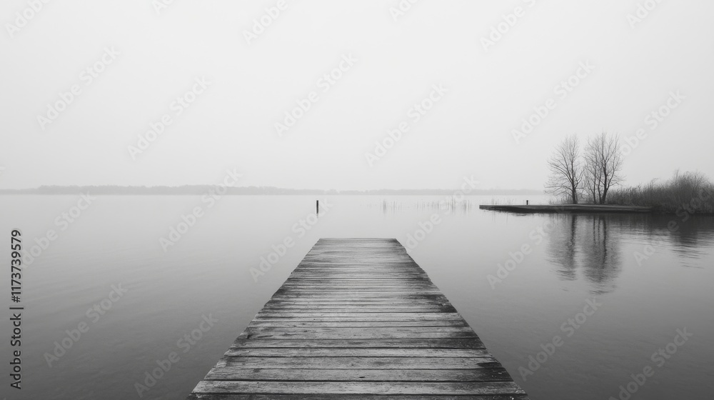 Obraz premium Solitary wooden pier extending into a misty lake.